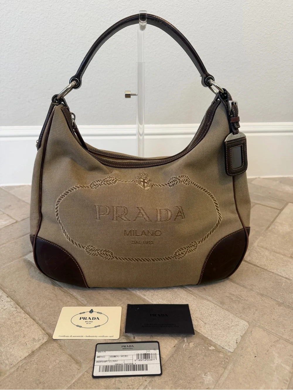 Prada BR3422 Logo Jacquard Corda Moro Leather Hobo Shoulder Bag